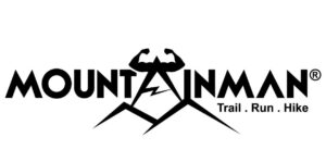 Mountainman Logo mit stilisierter Berglandschaft und Muskelmann. Trail. Run. Hike. - We Run 4 Fun!